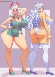 Rule 34 | 2girls, absurdres, ass, blue eyes, blue hair, breasts, brown eyes, charlotte smoothie, cleavage, covered erect nipples, curvy, earrings, female focus, flower, full body, garter belt, garter straps, gluteal fold, hair over one eye, hand on own hip, highres, horns, huge ass, huge breasts, jewelry, leg tattoo, lipstick, long hair, looking at viewer, makeup, multicolored hair, multiple girls, musaed art, one piece, rose, tattoo, thick thighs, thighhighs, thighs, two-tone hair, white hair, wide hips, yamato (one piece)