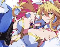 Rule 34 | 1girl, animal ears, artoria pendragon (all), artoria pendragon (fate), artoria pendragon (swimsuit ruler) (fate), bare shoulders, blonde hair, blue necktie, blue pantyhose, braid, breasts, card, casino card table, cleavage, clothing cutout, detached collar, fate/grand order, fate (series), feather boa, fishnet pantyhose, fishnets, french braid, green eyes, hair ornament, highleg, highleg leotard, highres, large breasts, leotard, long hair, looking at viewer, navel, navel cutout, necktie, pantyhose, playboy bunny, playing card, rabbit ears, short necktie, smile, solo, table, tiara, toyosu, white leotard, wrist cuffs