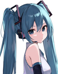 Rule 34 | 1girl, aqua eyes, aqua hair, aqua necktie, bare shoulders, black sleeves, closed mouth, collared shirt, commentary request, detached sleeves, from side, grey shirt, hair between eyes, hair ornament, hatsune miku, headset, highres, light blush, long hair, looking at viewer, looking to the side, necktie, pout, rakugaki ningen, shirt, sleeveless, sleeveless shirt, solo, twintails, upper body, vocaloid, white background