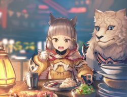 Rule 34 | 1girl, absurdres, anbe yoshirou, animal ears, blunt bangs, bodysuit, cat ears, cup, dromarch (xenoblade), food, gloves, highres, looking at viewer, nia (xenoblade), nintendo, noodles, open mouth, ribbon, silver hair, tiger, white gloves, xenoblade chronicles (series), xenoblade chronicles 2, yellow bodysuit, yellow eyes, yellow ribbon