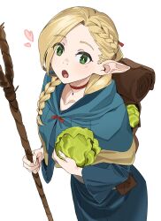 Rule 34 | 1girl, :o, absurdres, ambrosia (dungeon meshi), asymmetrical bangs, backpack, bag, blonde hair, blue capelet, blue robe, braid, brown bag, cabbage, capelet, choker, commentary, dungeon meshi, elf, english commentary, green eyes, hair around ear, heart, highres, holding, holding staff, hood, hood down, hooded capelet, lewdrawings, long hair, looking at viewer, mage staff, marcille donato, pointy ears, red choker, robe, simple background, staff, standing, white background
