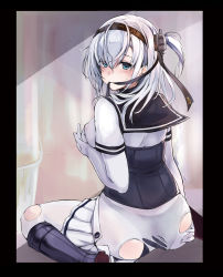 Rule 34 | 1girl, anchor symbol, ass, black border, black footwear, black panties, black sailor collar, blue eyes, blush, boots, border, breast hold, breasts, clothes pull, clothes writing, commentary request, elbow gloves, from behind, gloves, hachimaki, headband, highres, kantai collection, knee boots, long hair, looking at viewer, looking back, medium breasts, miniskirt, mouth hold, nipples, one side up, panties, panties under pantyhose, pantyhose, sailor collar, school uniform, see-through, serafuku, short hair, skirt, skirt pull, solo, suzutsuki (kancolle), torn clothes, torn pantyhose, tsuzuri (itosousou), underwear, white gloves, white hair, white pantyhose, white skirt