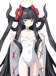 Rule 34 | 1girl, absurdres, black hair, blunt bangs, breasts, closed mouth, collarbone, covered navel, cowboy shot, diein (djmax), djmax, djmax respect, ellu, flower, grey horns, hair flower, hair ornament, highres, horns, japanese clothes, large horns, leotard, long hair, long sleeves, looking at viewer, off shoulder, oversized flower, partially undressed, red flower, simple background, small breasts, solo, strapless, strapless leotard, very long hair, white background, white leotard, wide sleeves, yellow eyes