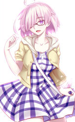 Rule 34 | 1girl, ahoge, dress, fate/grand order, fate (series), glasses, hair over one eye, highres, hood, hoodie, looking at viewer, mash kyrielight, mash kyrielight (senpai killer outfit), official alternate costume, paperfinger, plaid, plaid dress, purple eyes, purple hair, short hair, smile, solo, white background