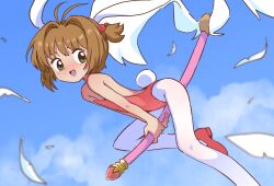 Rule 34 | 1girl, animal ears, antenna hair, bare shoulders, blue sky, blurry, blush, brown hair, cardcaptor sakura, cloud, cloudy sky, depth of field, dot nose, fake animal ears, fake tail, feathers, flat chest, flying, foot out of frame, from side, green eyes, hair bobbles, hair intakes, hair ornament, highres, holding, holding staff, kinomoto sakura, leotard, looking at viewer, mary janes, medium hair, open mouth, orenji (orenjipiiru), outdoors, pantyhose, playboy bunny, rabbit ears, rabbit tail, red footwear, red leotard, shoes, short ponytail, side ponytail, sky, smile, solo, staff, staff riding, straight hair, strapless, strapless leotard, tail, white pantyhose, winged staff
