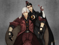Rule 34 | 1boy, 1girl, amulet, bayonetta, bayonetta (series), bayonetta 1, belt, black hair, blue eyes, bodysuit, breasts, candy, capcom, cleavage, cleavage cutout, clothing cutout, coat, crossover, dante (devil may cry), devil may cry, devil may cry (series), devil may cry 4, elbow gloves, fingerless gloves, food, glasses, gloves, hair bun, hair ribbon, hand on shoulder, hand on thigh, hiryuu, jewelry, large breasts, lollipop, long hair, ribbon, short hair, single hair bun, sitting, smirk, trench coat, white hair