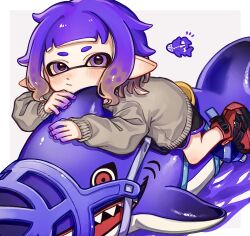 1girl :/ absurdres aoaza_83 black_shorts blush border brown_background brown_sweater closed_mouth colored_extremities commentary_request dolphin_shorts highres inflatable_shark inflatable_toy inkling inkling_girl inkling_player_character long_sleeves looking_at_viewer lying nintendo notice_lines on_stomach pointy_ears purple_eyes purple_hair red_footwear reefslider_(splatoon) short_hair shorts solo splatoon_(series) splatoon_3 sweater tentacle_hair white_border