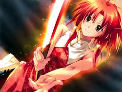 Rule 34 | 1girl, ahoge, bare arms, bare shoulders, blade, china dress, chinese clothes, dress, dutch angle, foreshortening, game cg, glowing, hair ornament, hair ribbon, kazezaki natsuki, kokonoka, night, ouka (game), outstretched arms, outstretched hand, ponytail, reaching, red hair, ribbon, short hair, sky, sleeveless, smile, solo, source request, weapon, yellow eyes