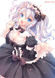 Rule 34 | 10s, 1girl, alternate costume, black dress, blush, bow, bowtie, breasts, cherry blossoms, cleavage, dress, frilled dress, frilled sleeves, frills, from above, gothic lolita, hairband, headdress, izumi akane, kantai collection, kashima (kancolle), lolita fashion, lolita hairband, long hair, looking at viewer, medium breasts, open mouth, silver hair, simple background, solo, twintails, twitter username, white background