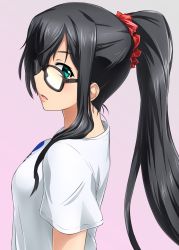 Rule 34 | 1girl, absurdres, akito (sub707), alternate costume, alternate hairstyle, black-framed eyewear, black hair, blue eyes, commentary request, glasses, hair ornament, hair scrunchie, highres, kantai collection, long hair, looking at viewer, looking back, ooyodo (kancolle), pink background, ponytail, red scrunchie, scrunchie, shirt, sidelocks, solo, t-shirt, upper body, very long hair, white shirt