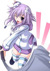Rule 34 | 10s, 1girl, blush, d-pad, female focus, hair ornament, hand fan, harisen, hood, hoodie, looking at viewer, nanairo souga, neptune (neptunia), neptune (series), one eye closed, open mouth, purple eyes, purple hair, short hair, simple background, smile, solo, striped clothes, striped thighhighs, thighhighs, white background, wink