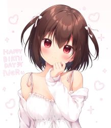 Rule 34 | 1girl, bare shoulders, blush, bow, breasts, brown hair, closed mouth, commentary request, dress, hair between eyes, hair bow, hand up, happy birthday, head tilt, highres, hood, hood down, hooded jacket, jacket, long sleeves, looking at viewer, medium breasts, miyasaka naco, off shoulder, open clothes, open jacket, original, red eyes, simple background, sleeveless, sleeveless dress, sleeves past wrists, smile, solo, two side up, upper body, white background, white bow, white dress, white jacket