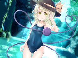 Rule 34 | 1girl, blue one-piece swimsuit, collarbone, competition school swimsuit, competition swimsuit, covered navel, eyeball, forest, gluteal fold, green eyes, green hair, hat, hat ribbon, heart, heart of string, highres, komeiji koishi, looking at viewer, nature, new school swimsuit, one-piece swimsuit, ribbon, river, school swimsuit, swimsuit, touhou, water, wottosei