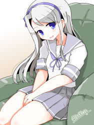 Rule 34 | 1girl, asymmetrical bangs, blue eyes, commentary request, couch, cowboy shot, gradient background, grey hair, grey ribbon, grey sailor collar, grey skirt, hairband, highres, kanoe soushi, kantai collection, long hair, one-hour drawing challenge, pleated skirt, purple hairband, sagiri (kancolle), sailor collar, short sleeves, sitting, skirt, solo, swept bangs, twitter username, white background