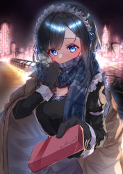 Rule 34 | 1girl, absurdres, apron, backlighting, black dress, black gloves, black hair, black scarf, blue eyes, blush, brown coat, cityscape, coat, cowboy shot, dress, english text, eshineko, frills, gift, gloves, heart, highres, holding, holding gift, juliet sleeves, long sleeves, maid headdress, night, open clothes, open coat, original, outdoors, puffy sleeves, railing, river, scarf, scarf over mouth, short hair, solo, waist apron, white apron, wrist cuffs