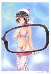 Rule 34 | 1girl, absurdres, azuma yuki, beanie, blue background, bobblehat, bow, bow bra, bow panties, bra, breasts, brown hair, cleavage, gloves, goggles, goggles on head, hat, highres, lace, lace-trimmed bra, lace-trimmed panties, lace trim, looking at viewer, medium breasts, midriff, panties, pants, pov, simple background, ski goggles, ski mask, solo, standing, underwear, white bra, white panties, x-ray, x-ray glasses, x-ray vision