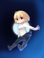 Rule 34 | 1girl, absurdres, arcueid brunestud, blonde hair, blue skirt, boots, brown footwear, dark background, full body, hair between eyes, highres, jewelry, kizzif0012, knee boots, leather, leather boots, long sleeves, looking at viewer, miniskirt, moon, necklace, open mouth, pantyhose, red eyes, short hair, simple background, skirt, smile, solo, sweater, tsukihime, turtleneck