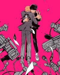 Rule 34 | 2boys, black jacket, black pants, cable, camera, floating, full body, gakuran, grey jacket, grey pants, hair over one eye, hug, jacket, kageyama shigeo, long sleeves, looking at viewer, male focus, microphone, mob psycho 100, multiple boys, one eye covered, outstretched arm, pants, partially colored, pink background, pom takoyaki, protecting, reaching, reaching towards viewer, reigen arataka, school uniform, shoe soles, shoes, short hair, simple background, sneakers, white footwear