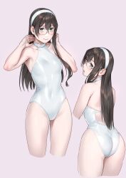 Rule 34 | 1girl, alternate costume, ass, black-framed eyewear, black hair, blush, closed mouth, collarbone, covered navel, cropped legs, glasses, green eyes, grey background, hair between eyes, hairband, highleg, highres, kantai collection, leotard, long hair, looking at viewer, multiple views, ooyodo (kancolle), open mouth, simple background, standing, white hairband, white leotard, yuuji (and)