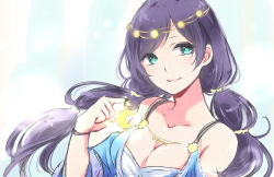 Rule 34 | 10s, breasts, cleavage, green eyes, highres, jewelry, kafunshou, long hair, love live!, love live! school idol festival, love live! school idol project, moon, multi-tied hair, parted bangs, purple hair, smile, solo, tojo nozomi, twintails, very long hair
