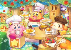 Rule 34 | apple, bronto burt, bug, butterfly, butterfly wings, cappy (kirby), chef hat, chef kawasaki, colored skin, coo (kirby), cookie, cup, dated, flower, food, fruit, hat, insect, insect wings, kine (kirby), kirby, kirby (series), kirby cafe, kracko, kumaoka pon, maxim tomato, mug, nintendo, no humans, noddy (kirby), one eye closed, open mouth, pancake, pink skin, rick (kirby), scarfy, sitting, smile, solid oval eyes, star (symbol), waddle dee, whispy woods, wings