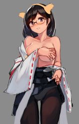 Rule 34 | 10s, 1girl, anti (0324), bare shoulders, black-framed eyewear, black hair, black pantyhose, blue eyes, blush, breasts, breasts out, clothes down, clothes lift, collarbone, covering privates, covering breasts, female focus, glasses, grey background, hairband, headgear, kantai collection, kirishima (kancolle), large breasts, looking at viewer, neck, no bra, off shoulder, panties, panties under pantyhose, pantyhose, parted lips, ribbon-trimmed sleeves, ribbon trim, short hair, simple background, skirt, skirt lift, smile, solo, standing, topless, underwear, upskirt, wide sleeves, yellow hairband