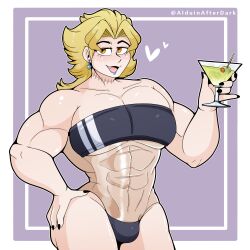 Rule 34 | 1boy, abs, alduinafterdark, ambush (trap), black nails, blonde hair, bulge, cup, dio brando, drink, drinking glass, fangs, highres, holding, jojo no kimyou na bouken, large pectorals, long hair, looking at viewer, male focus, muscular, muscular male, open mouth, orange eyes, pectorals, scar, scar on neck, smile, solo, stardust crusaders, swimsuit, thick thighs, thighs, vampire