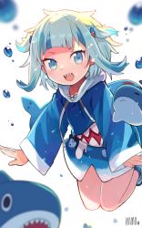 Rule 34 | 1girl, :d, animal costume, bloop (gawr gura), blue eyes, blue hair, blue hoodie, blunt bangs, fins, fish tail, gawr gura, gawr gura (1st costume), hair ornament, highres, hololive, hololive english, hood, hoodie, light blush, looking at viewer, multicolored hair, namo (goodbyetears), open mouth, shark costume, shark girl, shark hair ornament, shark tail, sharp teeth, short hair, signature, silver hair, sleeves past wrists, smile, solo, streaked hair, tail, teeth, two side up, v-shaped eyebrows, virtual youtuber, water drop, white background, wide sleeves