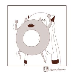 Rule 34 | 1girl, abyssal ship, arms up, clenched hands, comic, commentary request, enemy lifebuoy (kancolle), horns, kantai collection, long hair, mittens, monochrome, moomin, muppo, open mouth, sazanami konami, silent comic, twitter username