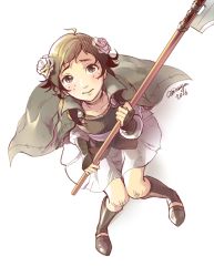 Rule 34 | 10s, 1girl, 2016, artist name, blush, boots, brown eyes, brown hair, cape, fire emblem, fire emblem fates, flower, freckles, from above, full body, hair flower, hair ornament, knee boots, looking at viewer, mozu (fire emblem), naginata, nintendo, piano (agneschen), polearm, simple background, sitting, skirt, solo, weapon, white background, white flower, white skirt, white theme