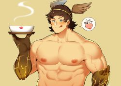 Rule 34 | 1boy, :q, abs, absurdres, bara, blush, brown hair, character request, colored skin, completely nude, cow, fujimachine (clayten), granblue fantasy, highres, holding, holding tray, large pectorals, male focus, muscular, muscular male, navel, nipples, nude, pectorals, short hair, solo, stomach, tongue, tongue out, tray, upper body, veins, winged hat, yellow skin
