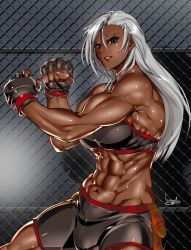 Rule 34 | 1girl, abs, bare shoulders, bike shorts, black gloves, black sports bra, blue eyes, bowalia, bra, breasts, chain-link fence, clenched hand, dark-skinned female, dark skin, fat mons, fence, fighting stance, fingernails, gloves, grey hair, large breasts, lipstick, long hair, makeup, mixed martial arts, muscular, muscular female, padded gloves, signature, solo, sports bra, standing, strapless, strapless bra, sweat, thick thighs, thighs, underwear, vanessa lewis, very dark skin, virtua fighter
