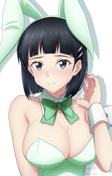 Rule 34 | 1girl, animal ears, artist name, bare shoulders, black hair, blunt bangs, bob cut, bow, bowtie, breasts, cleavage, closed mouth, collarbone, commentary request, detached collar, fake animal ears, green bow, green bowtie, green leotard, grey eyes, grey hair, hair ornament, hairclip, hand up, highres, ken-ji, kirigaya suguha, leotard, light blush, looking at viewer, medium hair, playboy bunny, signature, simple background, solo, strapless, strapless leotard, sword art online, twitter username, upper body, white background, wing collar, wrist cuffs