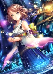 Rule 34 | 00s, 1girl, blue eyes, blue hakama, breasts, brown hair, crying, crying with eyes open, detached sleeves, dutch angle, final fantasy, final fantasy x, glowing, green eyes, hakama, hakama skirt, heterochromia, highres, japanese clothes, jewelry, long skirt, medium breasts, necklace, night, obi, orb, parted lips, partially submerged, pleated skirt, ring, sash, short hair, skirt, solo, standing, star (symbol), star print, tears, tidsean, tree, wading, water, yuna, yuna (ff10)