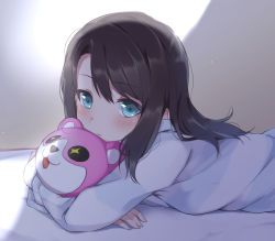 Rule 34 | 1girl, bang dream!, bed sheet, black hair, blue eyes, blush, closed mouth, commentary request, hair between eyes, highres, hitotsuki no yagi, hood, hood down, hoodie, long hair, long sleeves, looking at viewer, lying, hugging object, okusawa misaki, on stomach, solo, upper body, white hoodie