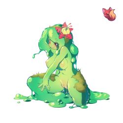 Rule 34 | 1girl, artist logo, blush, breasts, clitoral hood, closed mouth, colored sclera, completely nude, female focus, flower, full body, green hair, green hairband, green pupils, green sclera, hair flower, hair ornament, hairband, happy, head tilt, highres, inverted nipples, large breasts, long hair, looking down, monster girl, moss, navel, nose blush, nude, on one knee, orange eyes, original, outstretched arm, pussy, pussy juice, red flower, reddish fox, shiny skin, sidelocks, simple background, slime (substance), slime girl, smile, solo, spread legs, stomach, thighs, uncensored, watermark, white background
