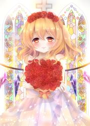 Rule 34 | 1girl, absurdres, alternate costume, bad id, bad pixiv id, bare arms, bare shoulders, blonde hair, blush, bouquet, bridal veil, bride, cross, crossed arms, dress, flandre scarlet, flower, hair flower, hair ornament, highres, jewelry, lips, looking at viewer, mumu-crown, hugging object, red eyes, red flower, red rose, ring, rose, short hair, side ponytail, smile, solo, stained glass, touhou, veil, wedding band, wedding dress, window, wings