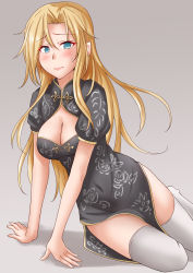 Rule 34 | 1girl, alternate costume, anti (untea9), arm support, black dress, blonde hair, breasts, china dress, chinese clothes, cleavage, cleavage cutout, closed mouth, clothing cutout, dress, gradient background, grey background, grey eyes, hair between eyes, highres, hornet (kancolle), kantai collection, large breasts, long hair, looking at viewer, pelvic curtain, sitting, solo, sweatdrop, thighhighs, white thighhighs, yokozuwari