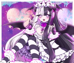 Rule 34 | 1girl, beatmania, beatmania iidx, black bow, black dress, black gloves, black hair, black nails, black wings, blush, bow, bracelet, breasts, demon wings, dress, fangs, fingerless gloves, fingernails, frilled dress, frills, gloves, hair bow, head wings, headdress, headphones, heart, highres, jewelry, long fingernails, long hair, multicolored clothes, multicolored dress, multicolored hair, nail polish, open mouth, pantyhose, purple eyes, sharp fingernails, shoes, small breasts, smile, solo, spiked anklet, spiked bracelet, spikes, star (symbol), striped clothes, striped pantyhose, two-tone hair, white dress, white footwear, white hair, wings, yoma (lycoris109)