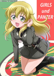 Rule 34 | 1girl, :d, anzio (emblem), anzio military uniform, arm support, belt, black belt, black footwear, black shirt, blonde hair, boots, carpaccio (girls und panzer), commentary request, copyright name, dated, dress shirt, emblem, flag background, girls und panzer, green eyes, grey jacket, grey skirt, hand in own hair, hanzou, highres, italian flag, jacket, kneeling, knife, leaning forward, long hair, long sleeves, looking at viewer, military, military uniform, miniskirt, open mouth, partial commentary, shadow, shirt, skirt, smile, solo, twitter username, uniform, wing collar