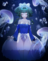 Rule 34 | 1girl, bare shoulders, blue leotard, blunt bangs, blurry, blurry foreground, bow, closed eyes, collarbone, depth of field, detached sleeves, feet out of frame, fujii tomo, gamo, green hair, groin, hair bow, highres, idolmaster, idolmaster cinderella girls, jellyfish, leotard, ponytail, see-through, see-through skirt, sidelocks, skirt, smile, solo, submerged, thigh gap, underwater