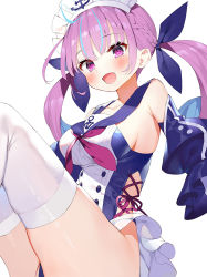 Rule 34 | 1girl, :d, adapted costume, anchor print, azur lane, bare shoulders, blue hair, blush, braid, breasts, collarbone, colored inner hair, commentary request, detached sleeves, gaou (umaiyo puyoman), hair ribbon, headdress, hololive, knees up, long hair, looking at viewer, medium breasts, minato aqua, multicolored hair, one-piece swimsuit, open mouth, purple eyes, purple hair, ribbon, sailor collar, simple background, smile, solo, streaked hair, swimsuit, thighhighs, thighs, twintails, two-tone hair, virtual youtuber, white background, white thighhighs