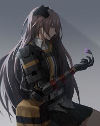 Rule 34 | 1girl, bag, black gloves, black jacket, black skirt, brown hair, cero (last2stage), closed mouth, flower, girls&#039; frontline, gloves, jacket, long hair, looking down, mechanical arms, open clothes, open jacket, shirt, simple background, single mechanical arm, sitting, skirt, solo, ump45 (girls&#039; frontline), ump45 (mod3) (girls&#039; frontline), white shirt, yellow eyes