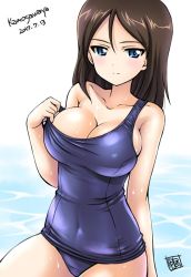 Rule 34 | 10s, 1girl, artist name, bare shoulders, blue eyes, blue one-piece swimsuit, blush, breasts, brown hair, cleavage, collarbone, covered navel, dated, girls und panzer, hair between eyes, kamogawa tanuki, large breasts, long hair, nonna (girls und panzer), one-piece swimsuit, school swimsuit, signature, smile, solo, strap slip, swimsuit, water, wet