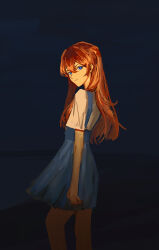 Rule 34 | 1girl, absurdres, bare legs, blue eyes, blue skirt, breasts, brown hair, expressionless, highres, interface headset, long hair, looking at viewer, looking back, lucky strike (artist), medium breasts, neck ribbon, neon genesis evangelion, red ribbon, ribbon, school uniform, shirt, simple background, skirt, solo, souryuu asuka langley, suspender skirt, suspenders, tokyo-3 middle school uniform, twintails, white shirt