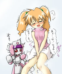 Rule 34 | 1girl, ^^^, ahoge, between legs, blush, breasts, breath, closed eyes, hair between eyes, hair ornament, hand between legs, hand on own chest, have to pee, humanoid robot, junmai karin, medarot, motion lines, n36hoko, open mouth, orange hair, pee, peeing, peeing self, pussy juice, red eyes, robot, saint nurse, saliva, shirt, simple background, skirt, sleeveless, small breasts, speech bubble, standing, staring, surprised, tears, translation request, trembling, turtleneck, twintails, v arms, white background