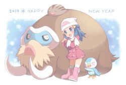 Rule 34 | 1girl, 2019, ^ ^, beanie, blue eyes, blue hair, blush, boots, buttons, chibi, chinese zodiac, closed eyes, coat, commentary request, creature, creatures (company), dated, dawn (pokemon), evolutionary line, eyelashes, full body, game freak, gen 2 pokemon, gen 4 pokemon, hair ornament, hairclip, happy, happy new year, hat, highres, long hair, long sleeves, mamoswine, new year, nintendo, open mouth, over-kneehighs, pink coat, pink footwear, piplup, pokemon, pokemon (creature), pokemon dppt, pokemon platinum, porocha, scarf, sleeping, smile, standing, swinub, thighhighs, tongue, white headwear, white scarf, white thighhighs, year of the pig