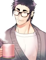 Rule 34 | 1boy, black hair, coco (toriko), cup, ear piercing, glasses, highres, holding, holding cup, jacket, looking at object, male focus, muscular, muscular male, piercing, rei (lemon2525), shirt, short hair, simple background, sketch, smile, solo, steam, toriko (series), upper body, white background, white shirt