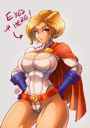 Rule 34 | 1girl, alien, belt, blonde hair, blue eyes, blue gloves, breasts, cape, cleavage, cleavage cutout, clothing cutout, dc comics, gloves, hand on own hip, highres, leotard, looking at viewer, power girl, red cape, serious, short hair, solo, superman (series), thighs, white leotard