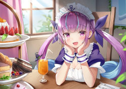 Rule 34 | 1girl, :d, absurdres, ahoge, anchor, bendy straw, blue hair, blue nails, blush, breasts, cake, cake slice, chair, cleavage, colored inner hair, commentary request, cup, day, dress, drink, drinking glass, drinking straw, food, fork, fruit, ginn (hzh770121), hair ribbon, hands up, head rest, highres, hololive, ice, ice cube, indoors, juice, logo, long hair, looking at viewer, maid headdress, medium breasts, minato aqua, minato aqua (1st costume), multicolored hair, nail polish, on chair, open mouth, puffy short sleeves, puffy sleeves, purple dress, purple eyes, purple hair, purple ribbon, ribbon, short sleeves, sitting, smile, solo, strawberry, sunlight, table, tiered tray, twintails, two-tone hair, upper body, very long hair, virtual youtuber, wings, wooden table, wrist cuffs
